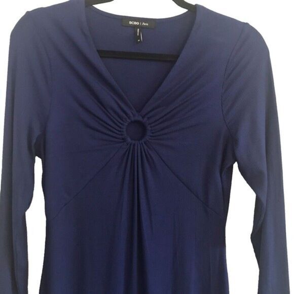 BCBG Women's Long Sleeve Ruched Dark Blue Dress with O-Ring at Bust-Line Size XS - Picture 3 of 6